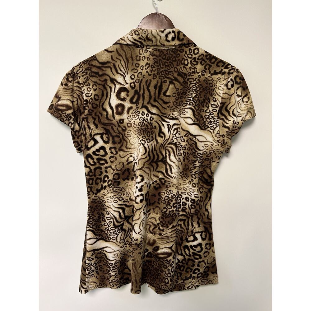 Vintage 90s Y2K Ruched Animal Print Cap Sleeve Top Large Button Up Grunge Goth - Picture 9 of 15